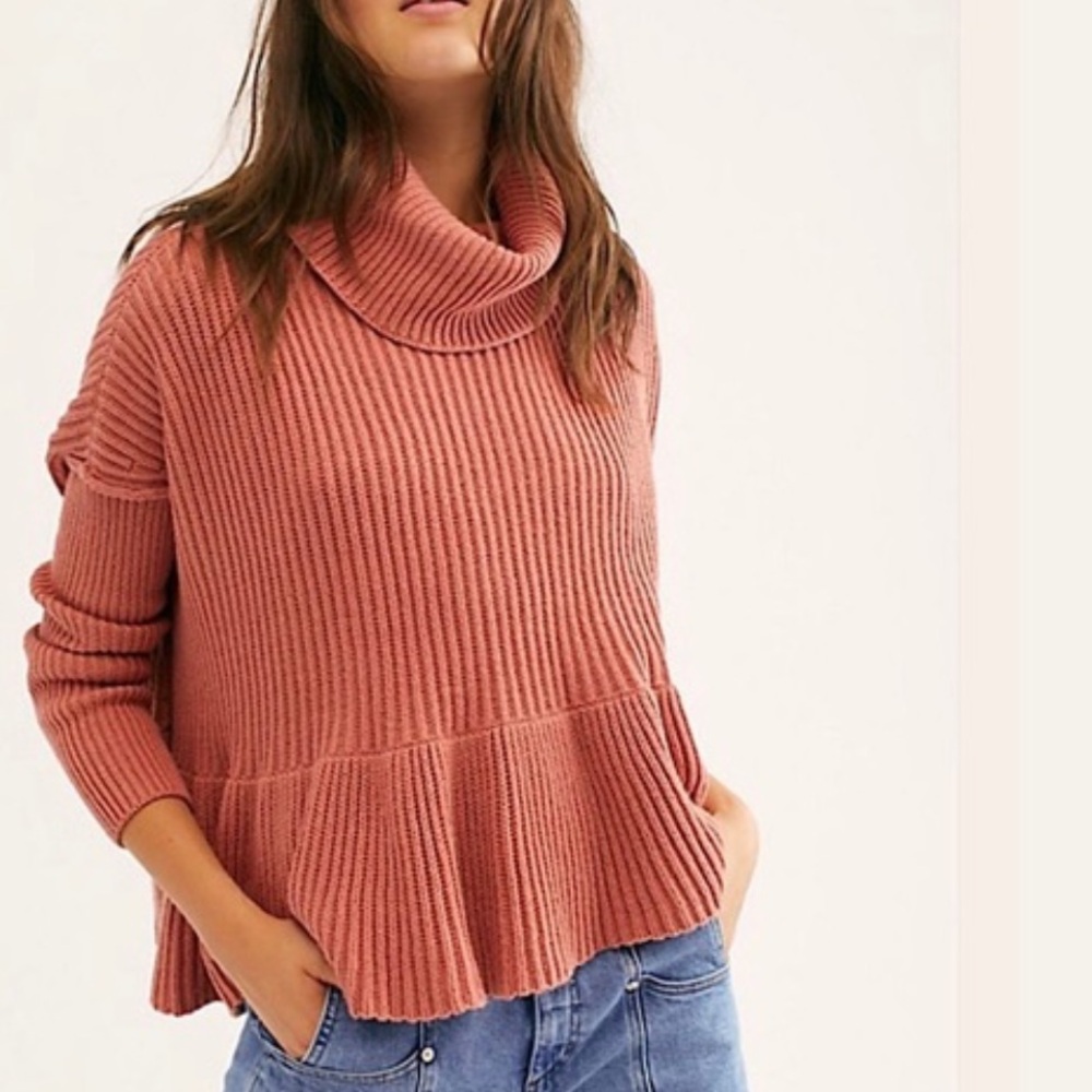 Free People Layer Cake Cowl Neck Peplum Rusty Rose Terracotta Knit Sweater